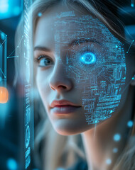 Naklejka premium fair skinned woman with digital augmentation expresses wonderment and curiosity, embodying fusion of humanity and technology