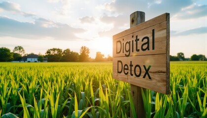 Peaceful Sunset Over Green Field with Digital Detox Sign for Nature Lovers and Relaxation Seekers