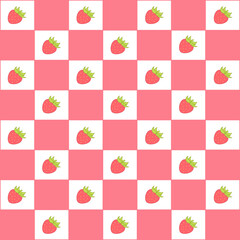 Seamless strawberry pattern on red and White Checkered Background
