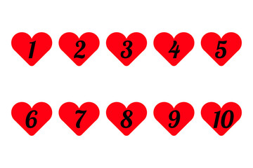 Table of Numbers from 1 to 10, made in red hearts on a isolated white color background
