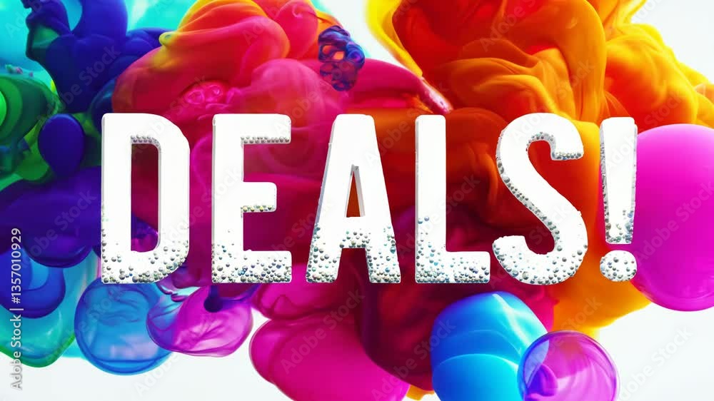 Poster the word deals is written in a purple and red font. the font is very large and bold