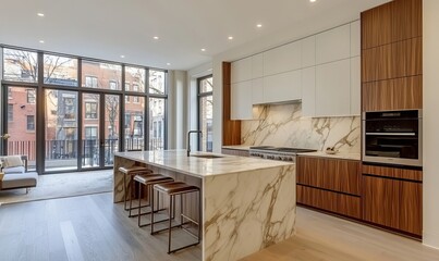 Obraz premium a modern kitchen with stylish design, featuring an island, and an open space