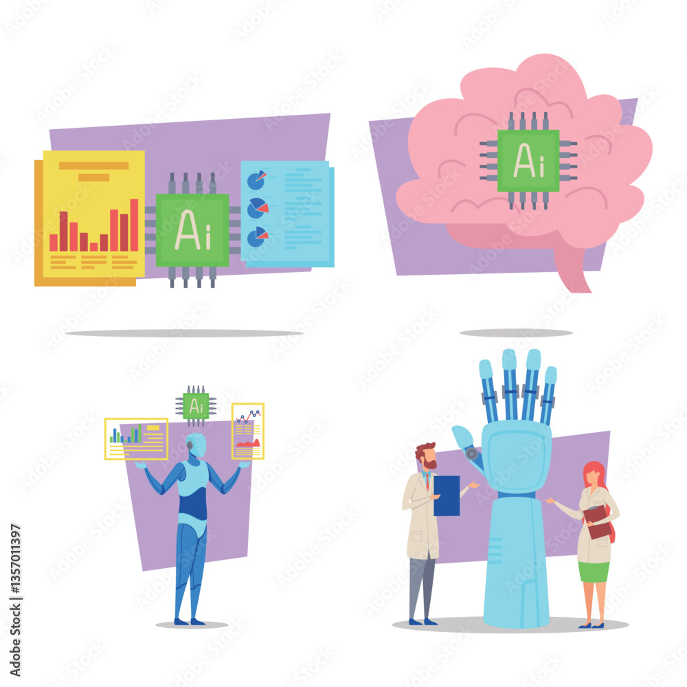 Poster various illustrations of artificial intelligence concepts, including data analysis charts, robotic h
