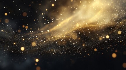 Fototapeta premium Golden particles swirl, dark background, celebratory design, abstract art