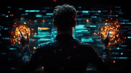 Person manipulating futuristic energy orbs before a digital interface