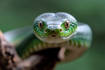 Fototapeta premium This magnificent portrait reveals the serene expression and vivid colors of a green tree snake, showcasing its beauty against a blurred green backdrop of foliage.