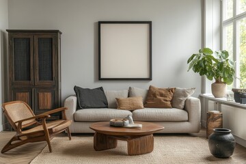 A cozy and modern living room with stylish furniture. The room is illuminated by natural light, creating a warm and inviting atmosphere