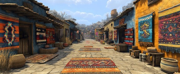 Fototapeta premium Sunlit alleyway with colorful rugs hanging outside shops