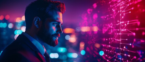 Obraz premium A man in a suit gazes thoughtfully at a vibrant, tech-inspired background filled with colorful lights and abstract patterns.