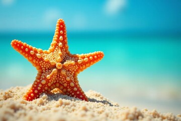 Close-up of a starfish contrasting against a bright blue sea, star, oceanic, vibrant
