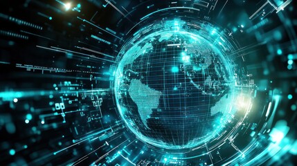 Obraz premium Futuristic digital globe with glowing lines and data streams.