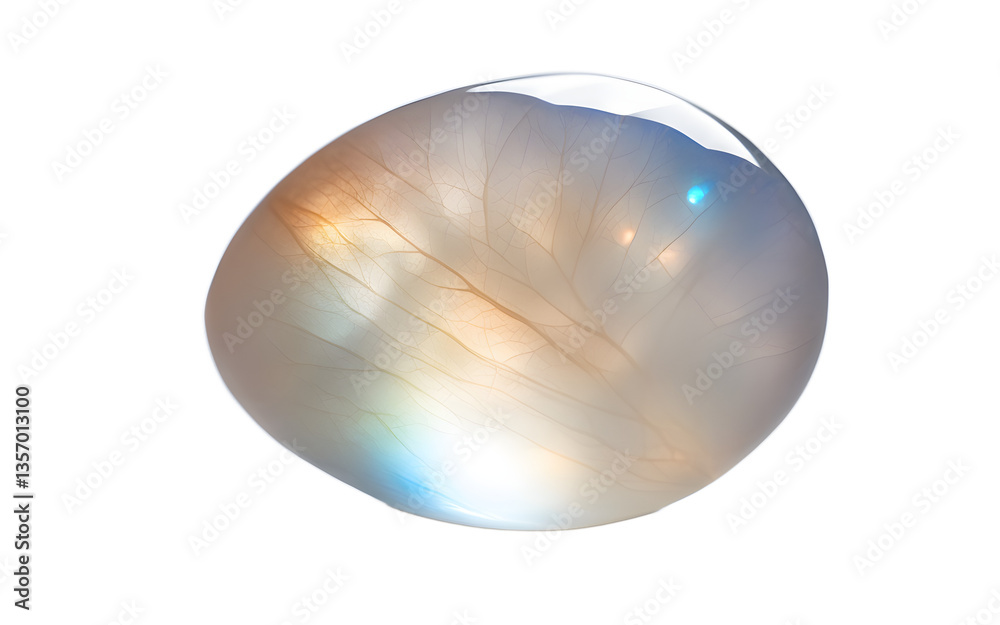 Poster moonstone gem with a milky white glow and iridescent sheen, isolated on a empty plain background