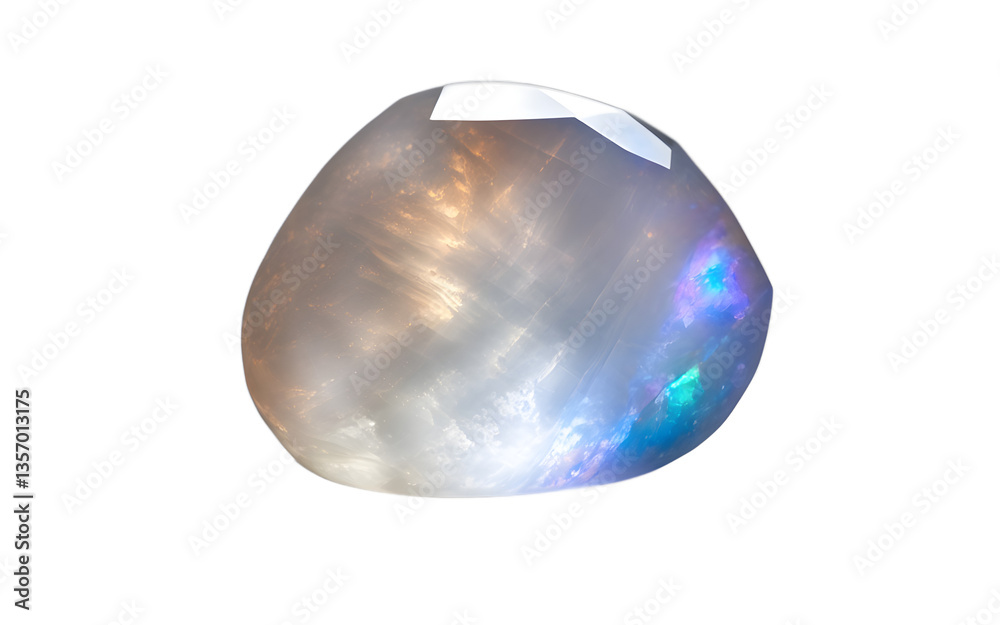 Poster moonstone gem with a milky white glow and iridescent sheen, isolated on a empty plain background