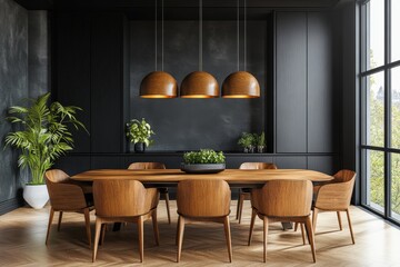 Modern dining room with wooden furniture and three pendant lights casting a warm glow over the scene. A large window provides natural light and offers a view