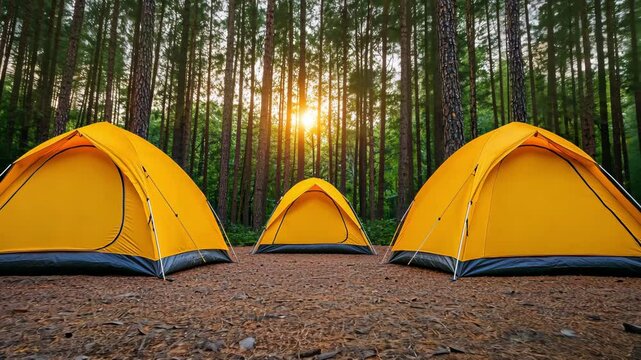 Bright yellow tents in tranquil forest, surrounded by tall trees, invite outdoor adventure and peaceful camping under warm sunlight of natures embrace.