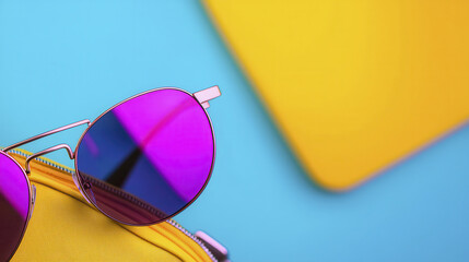 Stylish sunglasses with purple lenses on vibrant background