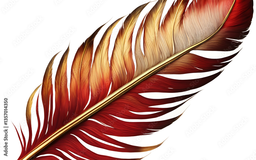 Poster phoenix feather with fiery red and gold streaks, isolated on a empty plain background