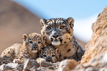 Obraz premium A stunning scene featuring a snow leopard mother protectively nestled with her two adorable cubs, highlighting the beauty of wildlife in the breathtaking mountain environment.