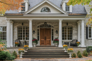 a luxury house with a welcoming entrance featuring a stone facade, double wooden doors, and stylish pillars