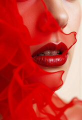 Obraz premium A woman with red lips is wearing a red scarf
