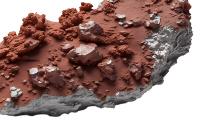 Raw aluminum bauxite mineral with reddish-brown and gray hues, isolated on a empty plain background