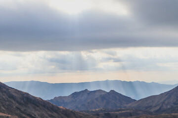 Fototapeta premium Kumamoto, Kyushu Japan :Volcano Mount Aso, Panorama Aerial View Smoke Gas Steam Crater.