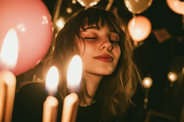 Young woman celebrating her 21st birthday with friends and cake
