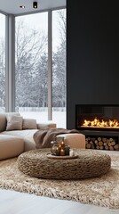 Fototapeta premium Chic minimalist living room with winter views and cozy accents