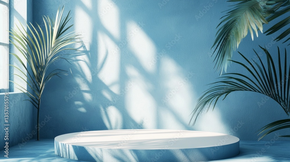 Poster A serene setting features a circular platform illuminated by natural light filtering through large windows, softly contrasting with vibrant green plants framing the space.