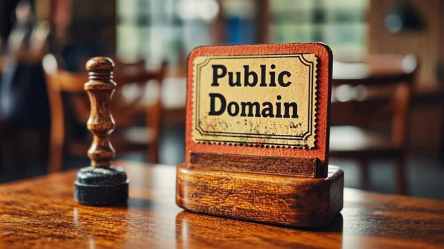 Public domain sign on rustic wooden table in cozy cafe interior International Public Domain Day