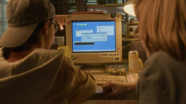 Back view closeup of two boys pointing at screen while using retro computer together in warm toned 90s home