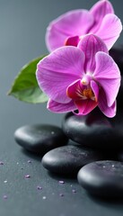 Fototapeta premium Close up of orchid flowers and spa stones on grey background, peaceful, spa, relaxation