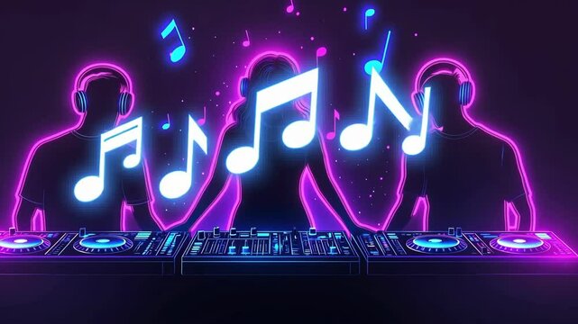 Neon glow of djs and music notes with electric vibrance