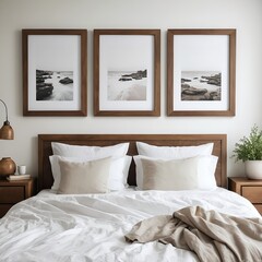 Coastal Scene Triptych Above Bed in Minimalist Bedroom