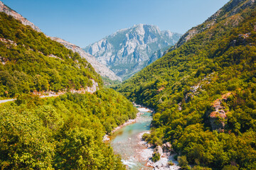 The deep gorge of the Moraca river canyon on a sunny day. Podgorica region, Montenegro, Balkans, Europe.