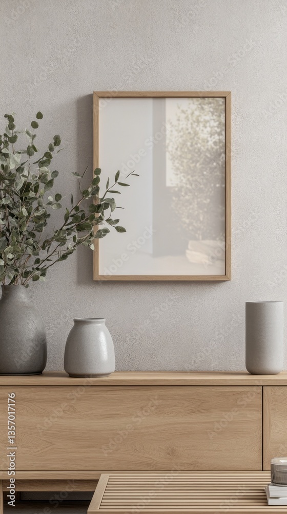 Aufkleber A serene setting features wooden furniture adorned with vases and greenery. Sunlight filters through, casting soft shadows that enhance the tranquil atmosphere, inviting calmness and simplicity.