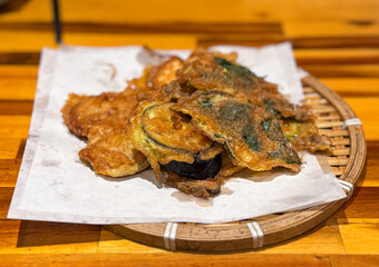 Korean Traditional Vegetable Jeon on a Wooden Plate