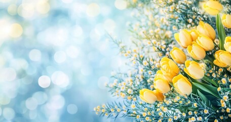 A beautiful bouquet of yellow tulips and mimosa against the background of a blurred blue sky with bokeh, a banner for an Easter or spring celebration. There is space for text, a blurred background, 