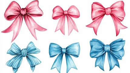 Obraz premium Set of hand-painted watercolor blue and pink bows isolated on white background, vector illustration with ultra-detailed 8K resolution. Artistic clip art for stickers, packaging, branding, or invitatio
