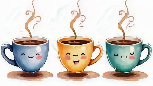 Three cups with cartoon faces on them, one of which is pink. The cups are sitting on a white plate