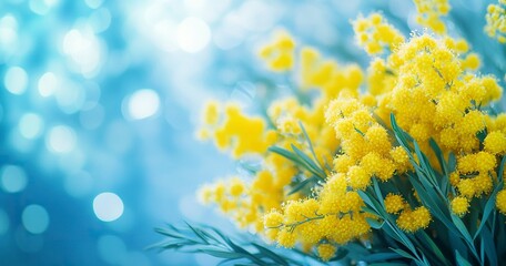 A beautiful bouquet of yellow tulips and mimosa against the background of a blurred blue sky with bokeh, a banner for an Easter or spring celebration. There is space for text, a blurred background, 
