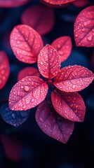 Vibrant red leaves glistening with dew drops, dark background