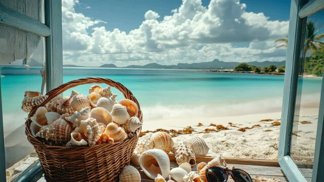 Serene beach view with seashells and ocean waves through open window