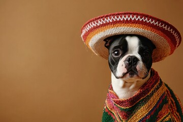 Boston terrier wearing sombrero and poncho on warm brown banner for cinco de mayo
