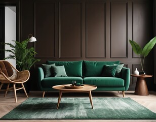 Modern Green Living Room Interior with Emerald Sofa and Wooden Accents