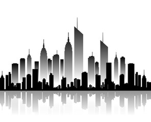 Fototapeta premium Modern city skyline silhouette gradient buildings reflection effect. City skyline metropolis downtown minimal background.
