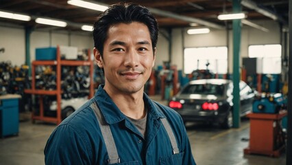 Obraz premium Happy Japanese Small Business Owner in His Auto Repair Garage: Smiling Mechanic Standing Proudly in His Workshop, Symbolizing Local Business and Expertise