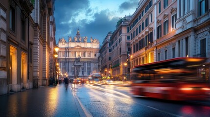 Naklejka premium Rome's Enchanting Twilight: St. Peter's Basilica and City Streets