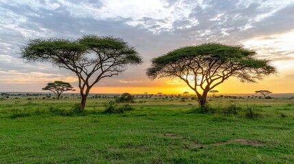 Fototapeta premium Amboseli savanna landscape at dusk, acacia tree silhouettes and vibrant sunset colors