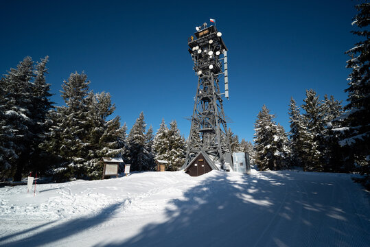 Observation tower on the top of Čern&aacute; hora in the Krkono&scaron;e Mountains